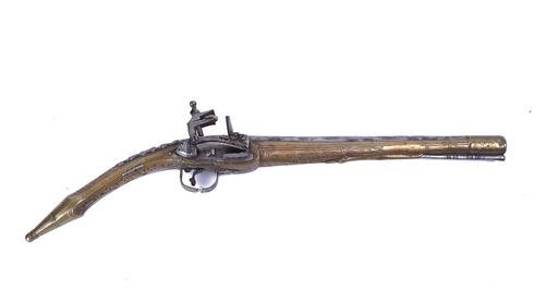 A MIQUELET LOCK BRASS MOUNTED ALBANIAN 'RAT-TAILED' PISTOL