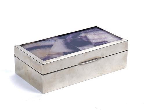 A BLUE JOHN MOUNTED SILVER PLATED CIGARETTE BOX