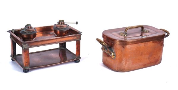 A COPPER AND BRASS COOKING POT AND A SPIRIT BURNER (2)