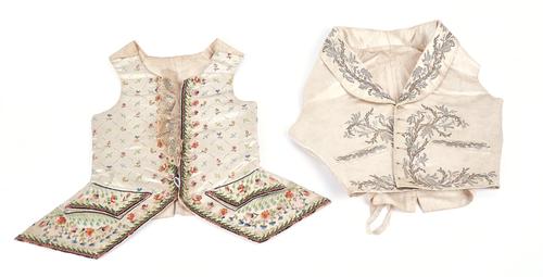 TWO GEORGE III EMBROIDERED SILK WAISTCOATS