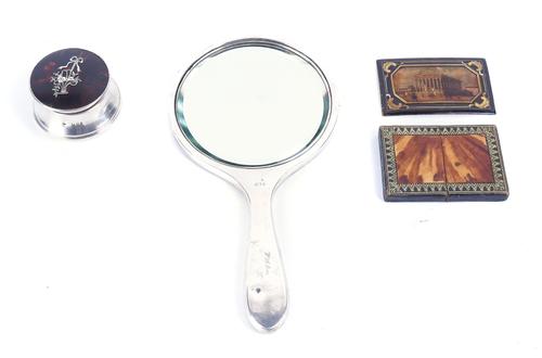 A SILVER AND TORTOISESHELL PIQUE WORK JEWELLERY BOX AND THREE FURTHER ITEMS (3)
