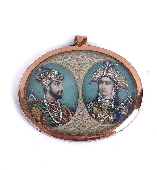 INDIAN SCHOOL: A MINIATURE DOUBLE PORTRAIT OF SHAH JAHAN AND HIS CONSORT