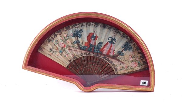 A EUROPEAN HAND-PAINTED PAPER AND WOODEN FAN