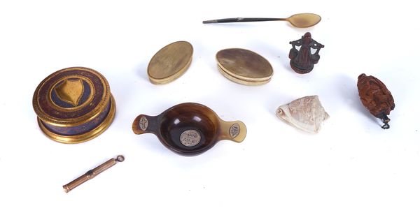 A COQUILLA NUT RELIEF CARVED SCENT BOTTLE TOGETHER WITH A VICTORIAN SCOTTISH HORN QUAICH AND VARIOUS OTHER ITEMS (9)