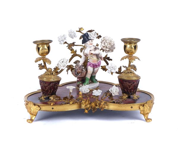 A LOUIS XV STYLE GILT-METAL MOUNTED PORCELAIN INKSTAND