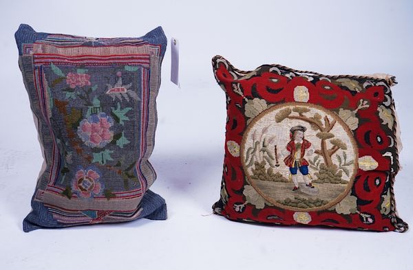 WNAI - TWO NEEDLEWORK/TAPESTRY FRAGMENT COVERED CUSHIONS (2)