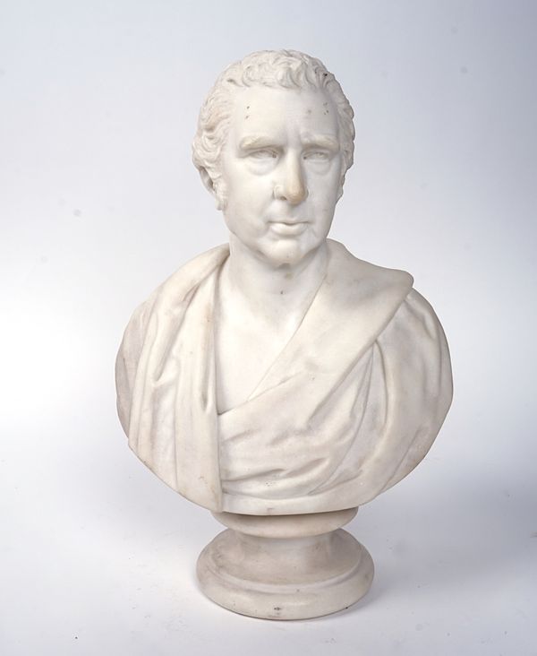 ROBERT PHYSICK (1815-C.1880); A VICTORIAN CARVED WHITE MARBLE LIBRARY BUST OF SIR JOHN BARROW Bt. LLD, FRS.