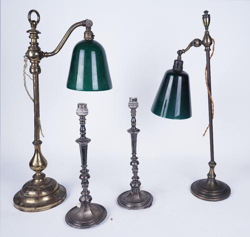 TWO GILT BRASS ADJUSTABLE STUDENT TABLE LAMPS; TOGETHER WITH  A PAIR OF SILVER PLATED TABLE LAMPS (4)