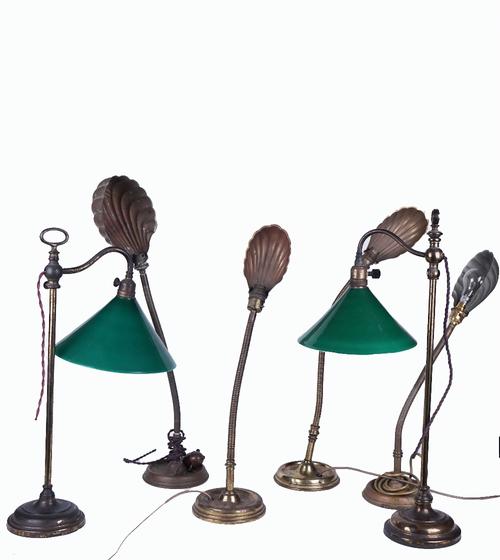 TWO SIMILAR LACQUERED BRASS ADJUSTABLE STUDENT TABLE LAMPS; TOGETHER WITH FOUR BRASS ‘SCALLOP’ TABLE LAMPS (6)