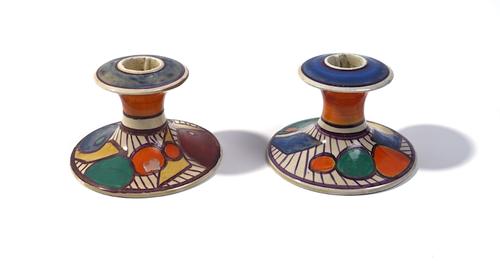 A PAIR OF CLARICE CLIFF FANTASQUE PATTERN CANDLESTICKS (2)