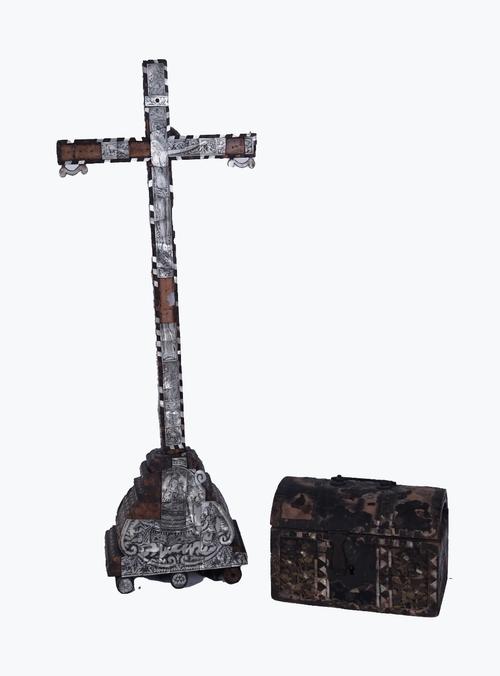 A JERUSALEM MOTHER-OF-PEARL INLAID OLIVE WOOD CRUCIFIX (2)