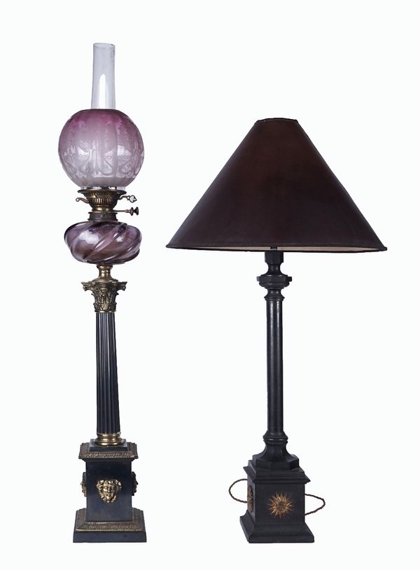 WNAI - MESSENGER: A VICTORIAN GILT AND PATINATED BRONZE TABLE LAMP; TOGETHER WITH ANOTHER (2)