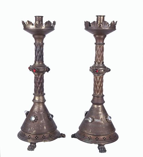 A PAIR OF VICTORIAN GILT BRASS AND CABOCHON GLASS MOUNTED GOTHIC REVIVAL ALTAR CANDLESTICKS (2)