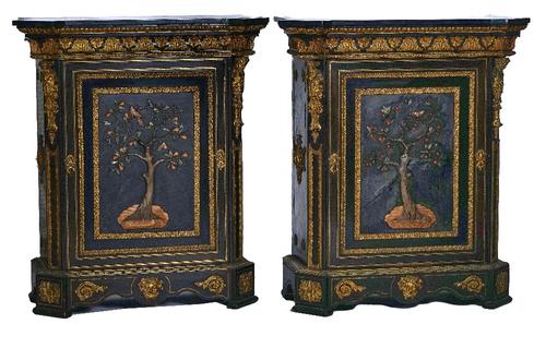 WNAI - A PAIR OF MID-19TH CENTURY NAPOLEON III ORMOLU MOUNTED EBONISED AND PIETRA DURA SIDE CABINETS (2)