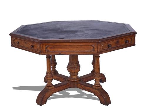A VICTORIAN GOTHIC REVIVAL OCTAGONAL OAK LIBRARY TABLE