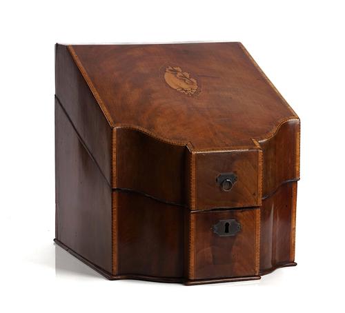 A GEORGE III INLAID MAHOGANY SLOPE FRONTED KNIFE  BOX