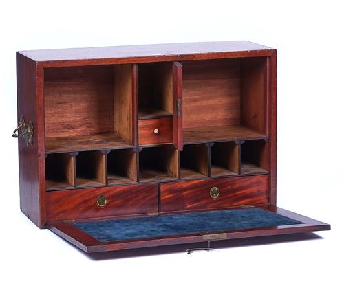 A 19TH CENTURY MAHOGANY CAMPAIGN WRITING BOX