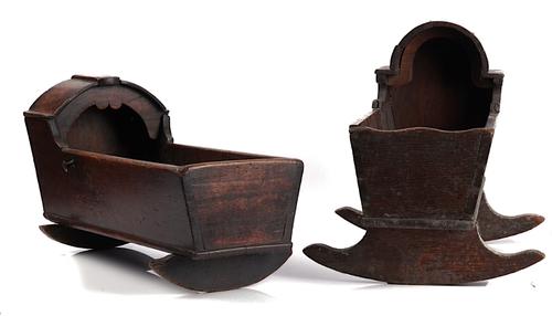 A 19TH CENTURY MINIATURE CHILD'S ROCKING CRADLE (2)