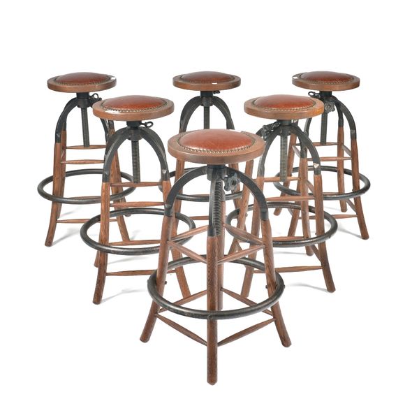 INDUSTRIAL DESIGN; A SET OF SIX METAL AND WOOD BAR STOOLS (6)