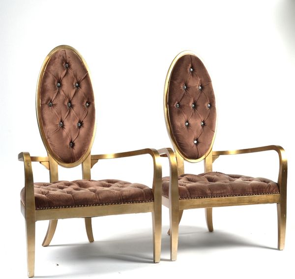 A PAIR OF MODERN GILT OPEN ARMCHAIRS