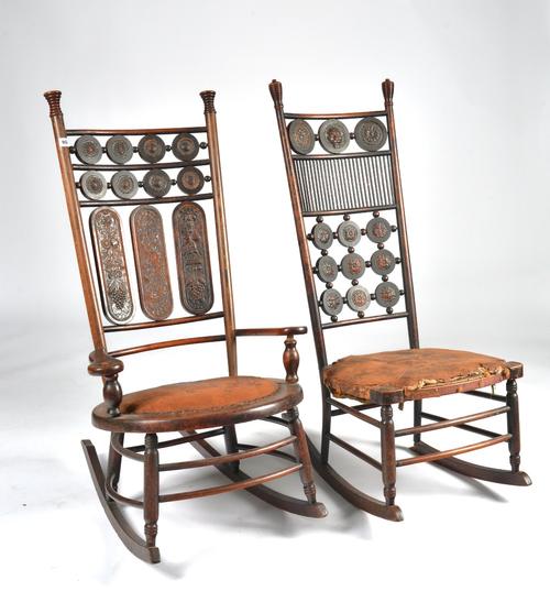TWO LATE 19TH / EARLY 20TH CENTURY UNUSUAL LEATHER MOUNTED FRUITWOOD AND BEECH SPINDLE ROCKING CHAIRS (2)