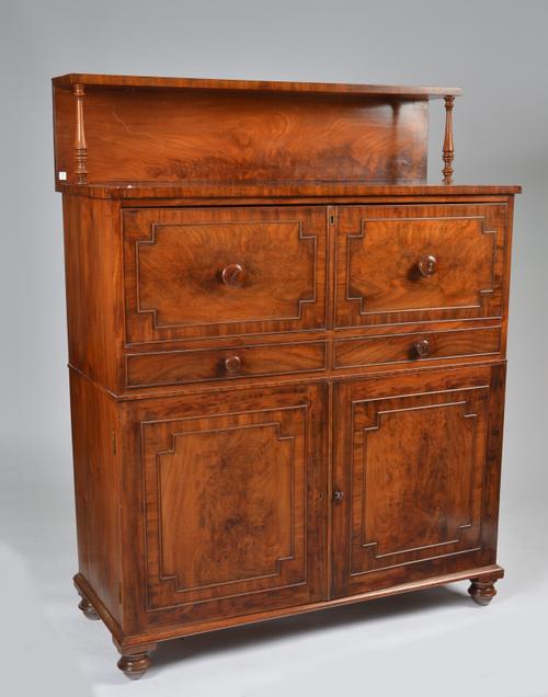 A GEORGE III MAHOGANY SHELF BACK SECRETAIRE CABINET