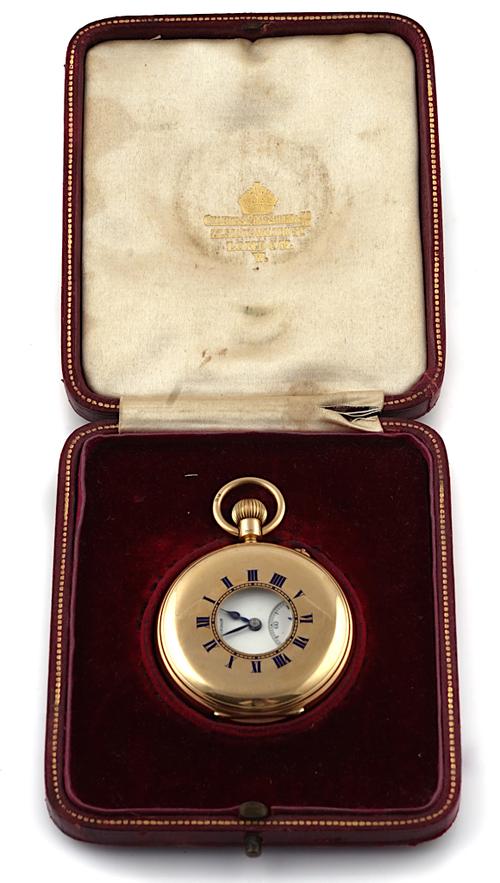A CHARLES FRODSHAM 18CT GOLD CASED, KEYLESS WIND, HALF HUNTING CASED GENTLEMANS POCKET WATCH