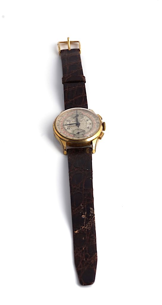 A MYLORD GILT METAL FRONTED AND STEEL BACKED GENTLEMAN'S CHRONOGRAPH WRISTWATCH