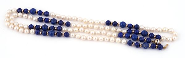 HG TO TAKE TO LONDON TO RTO.  A CULTURED PEARL, GOLD AND LAPIS LAZULI BEAD SINGLE STRAND  LONG NECKLACE