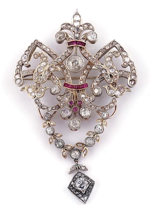 A LATE 19TH CENTURY CONTINENTAL DIAMOND AND RUBY SET COMBINATION PENDANT NECKLACE AND BROOCH