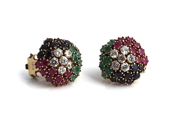 A PAIR OF GOLD AND MULTI GEM SET CLUSTER EARRINGS