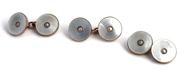 A PAIR OF MOTHER-OF-PEARL AND SEED PEARL SET CUFFLINKS AND ANOTHER CUFFLINK (2)