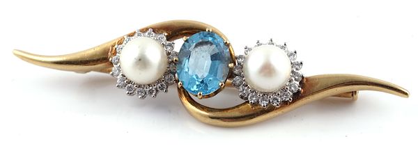 A GOLD, DIAMOND, BLUE TOPAZ AND CULTURED PEARL BROOCH