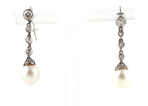 A PAIR OF DIAMOND AND CULTURED PEARL PENDANT EARRINGS