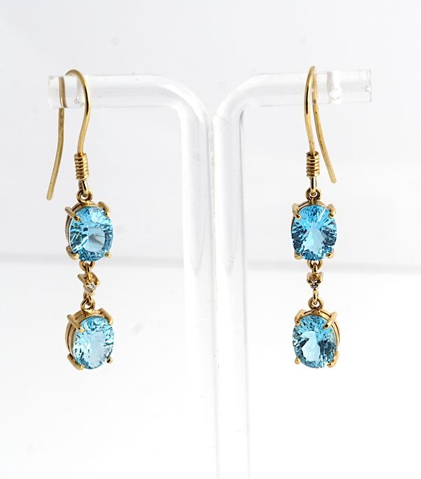 A PAIR OF 18CT GOLD, BLUE TOPAZ AND DIAMOND SET PENDANT EARRINGS