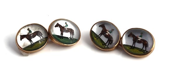 A PAIR OF GOLD MOUNTED, REVERSE PAINTED, INTAGLIO CRYSTAL CUFFLINKS