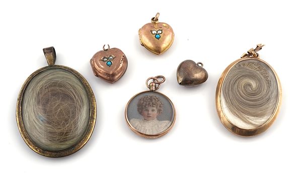 THREE HEART SHAPED PENDANTS AND THREE PORTRAIT LOCKETS (6)