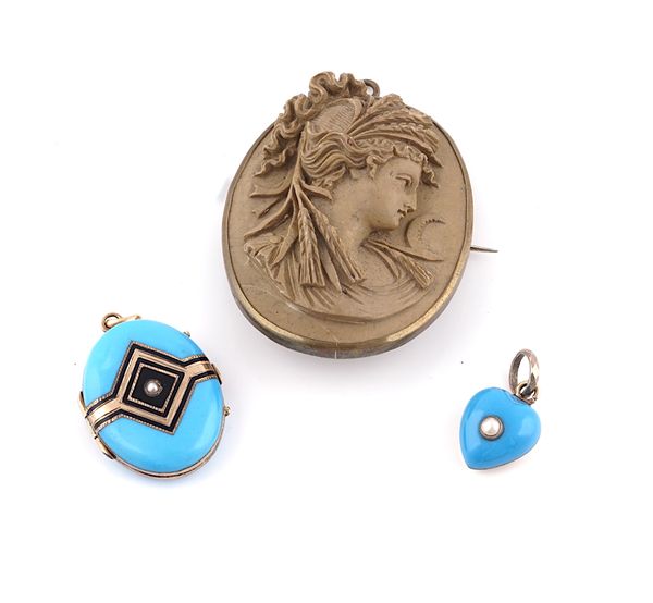 A LAVA CAMEO BROOCH AND TWO ENAMELLED PENDANT LOCKETS (3)