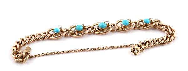 A GOLD, DIAMOND AND TURQUOISE CURB BRACELET