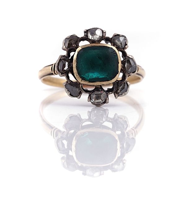 A DIAMOND AND GREEN PASTE CLUSTER RING