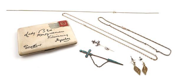 THREE GOLD NECKCHAINS, TWO PINS, A PAIR OF EARRINGS AND A CIGARETTE CASE (7)