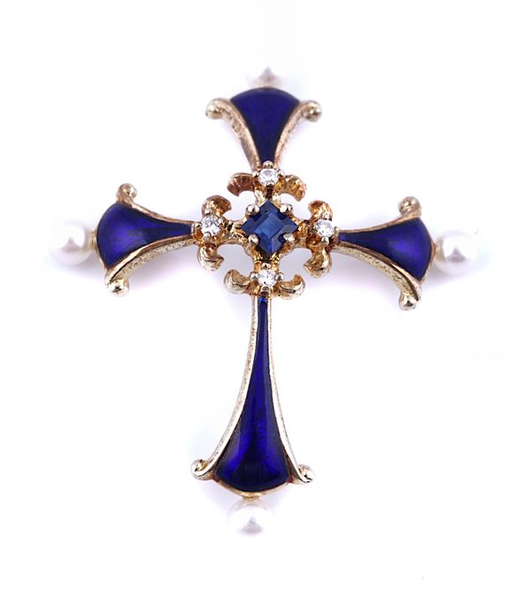 A 14CT GOLD, SAPPHIRE, DIAMOND, CULTURED PEARL AND BLUE ENAMELED PENDANT CROSS