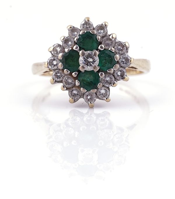 AN 18CT GOLD EMERALD AND DIAMOND CLUSTER RING