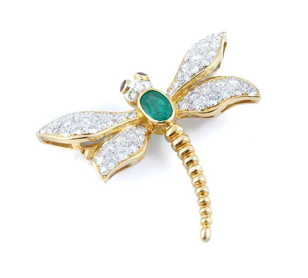 A GOLD, EMERALD, RUBY AND DIAMOND PENDANT BROOCH