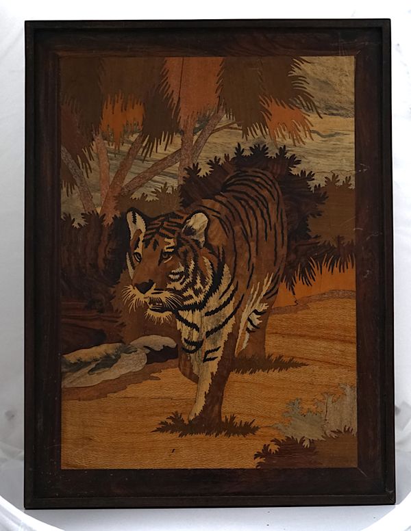 A SPECIMEN WOOD MARQUETRY PANEL DEPICTING A TIGER