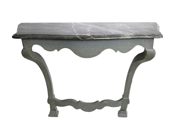 A GREY MARBLE TOPPED SERPENTINE CONSOLE TABLE