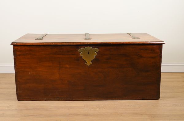 A LARGE 19TH CENTURY INDIAN BRASS BOUND TEAK RECTANGULAR TRUNK