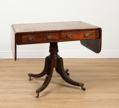 A GEORGE III COROMANDEL BANDED MAHOGANY TWO DRAWER SOFA TABLE