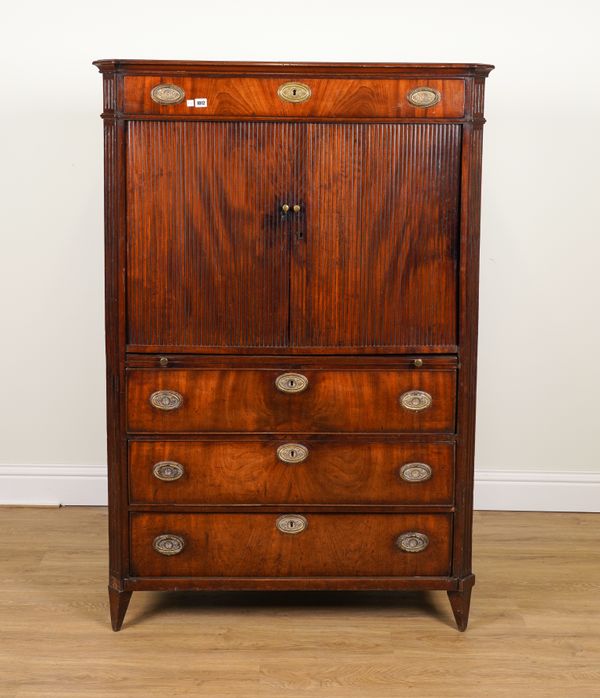 A 19TH CENTURY DUTCH SIDE CABINET CHEST WITH PAIR OF TAMBOUR DOORS AND BRUSHING SLIDE