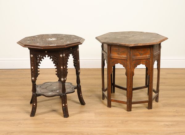 AN EARLY 20TH CENTURY MIDDLE EASTERN CARVED HARDWOOD MOTHER OF PEARL INLAID TEN-SIDED OCCASIONAL TABLE (2)